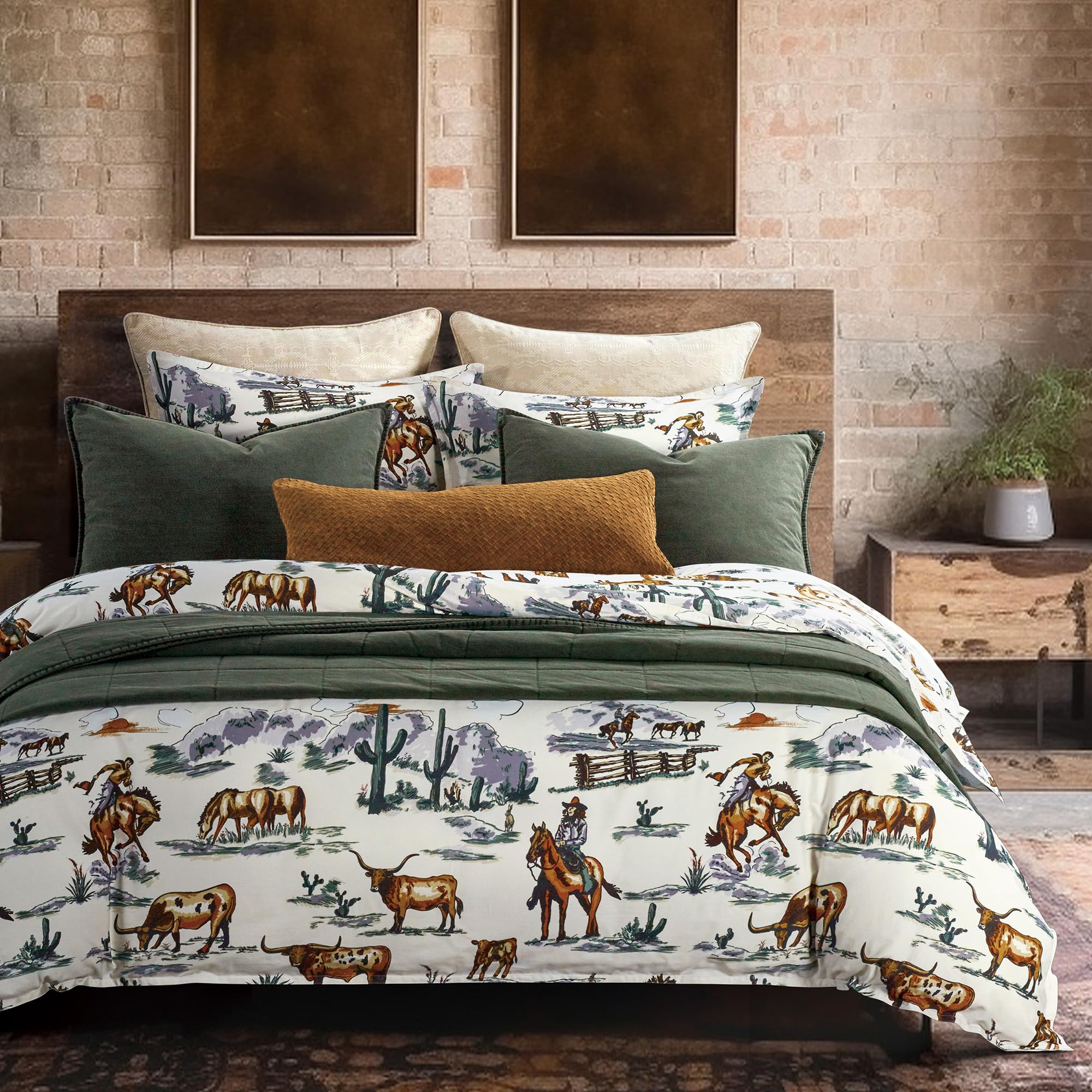 Paseo Road By Hiend Accents Ranch Life Western Bedding 3 Piece King Duvet Cover Set, Cotton Cow Cowboy Longhorn Horse Print West